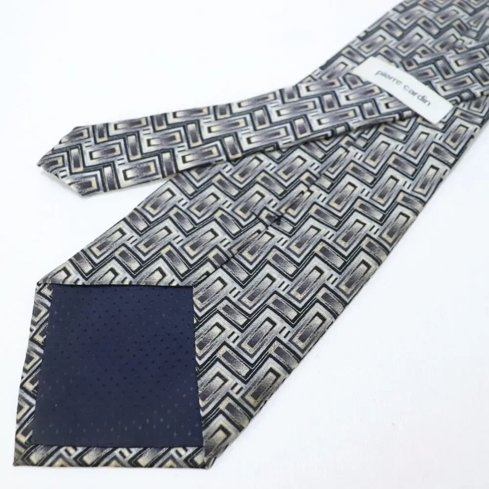 Vintage Pierre Cardin Tie Mens 60 in Silk Black White Gray Geo Stairs Wide